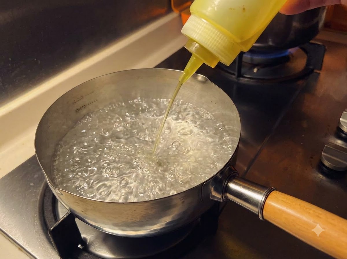 Speiseöl wird aus einer Squeeze-Flasche in einen kleinen Topf mit kochendem Wasser auf einem Herd gegeben.