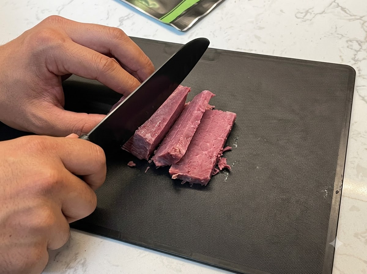 Dickere Stücke gekochtes Rindfleisch werden auf einem dunklen Schneidebrett geschnitten.