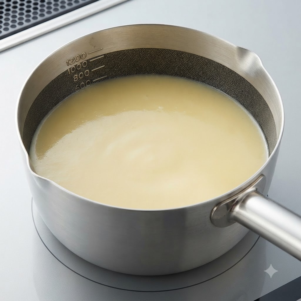 Glatte weiße Misobrühe wird in einem Metallsaucentopf verrührt.