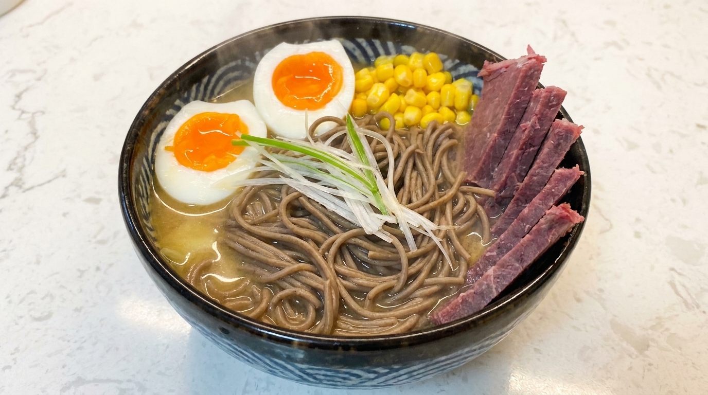 Kalorienarme Miso-Soba-Ramen mit Rindfleisch und Ei