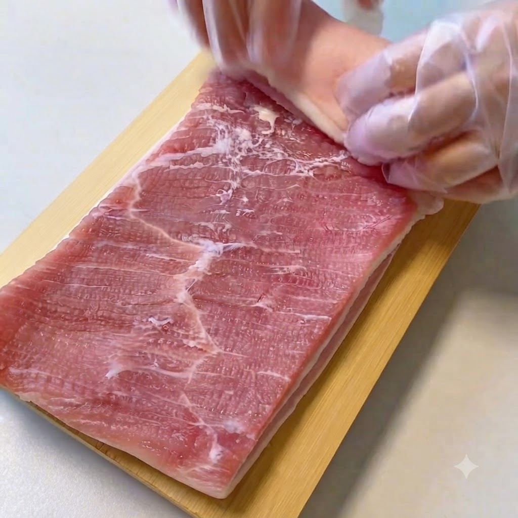 Hände in Schutzhandschuhen rollen ein flaches Stück rohen Schweinebauch auf einem Holzbrett fest auf.