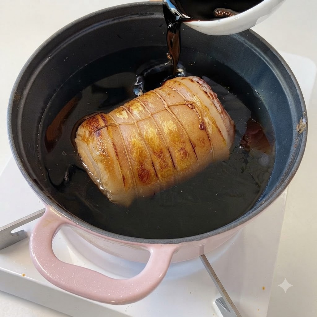 Weißer Zucker wird aus einer kleinen weißen Schale in die Schmorflüssigkeit im rosa Topf geschüttet.