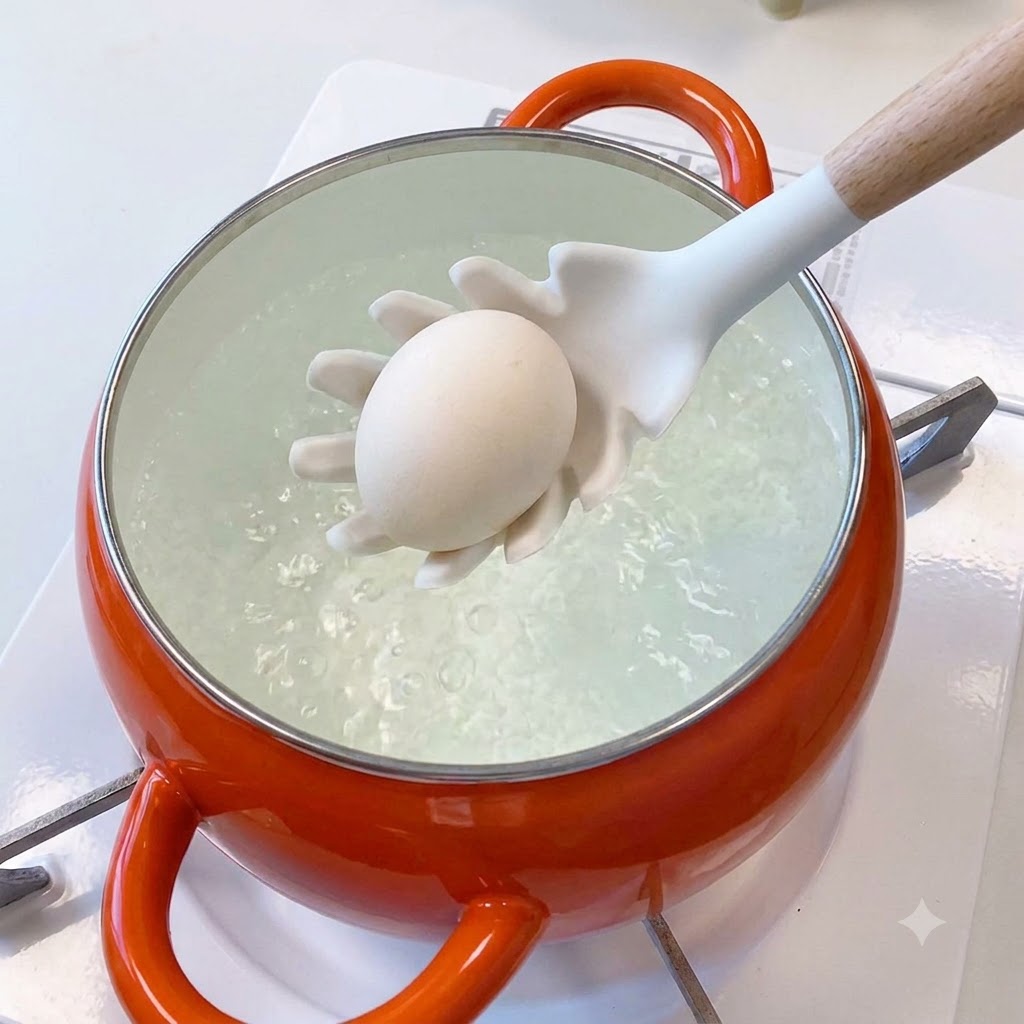 Ein Ei wird mit einem Schaumlöffel in einen leuchtend orangefarbenen Topf mit kochendem Wasser gelassen.