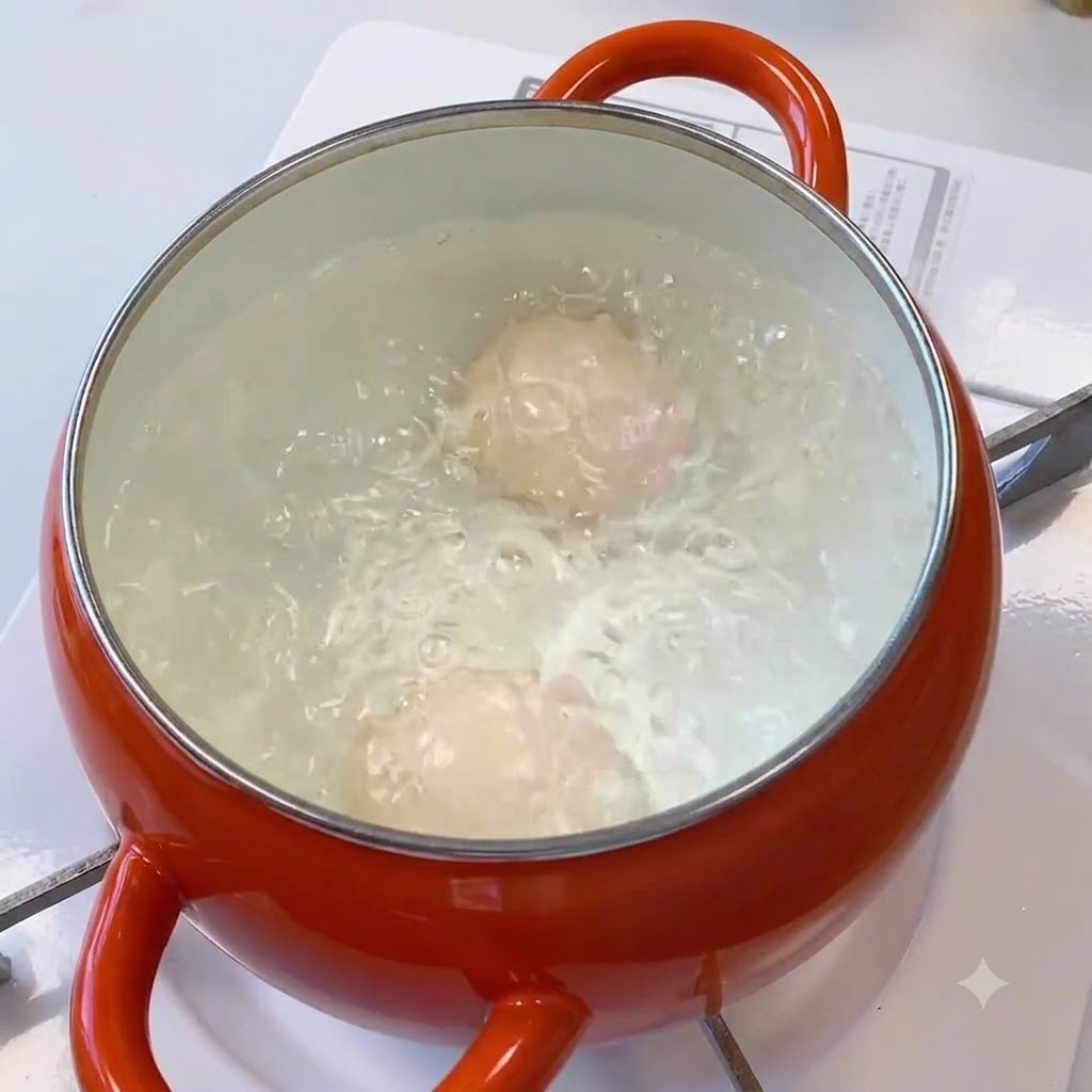 Eier kochen heftig in einem orangefarbenen Topf mit Wasser.