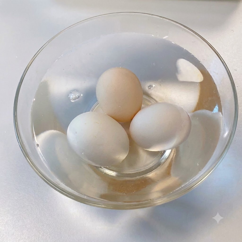 Drei geschälte weiße Eier ruhen in einer klaren Glasschüssel mit kaltem Wasser.