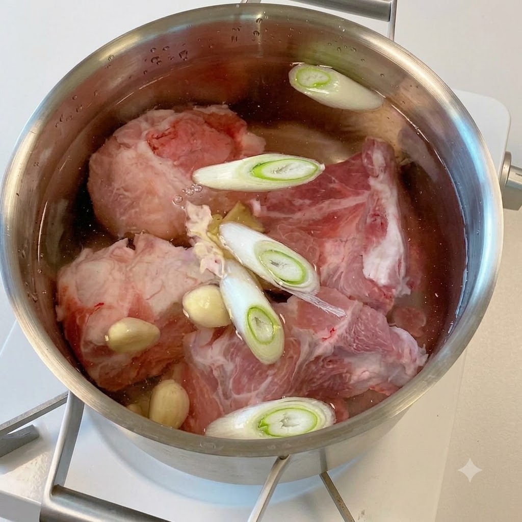 Rohe Schweineknochenstücke, geschnittene Frühlingszwiebeln und Knoblauchzehen liegen in einem Topf mit Wasser.