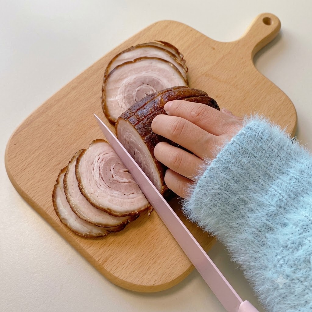 Eine Hand schneidet mit einem rosa Messer eine geschmorte Chashu-Schweinerolle auf einem Holzschneidebrett in saubere Scheiben.