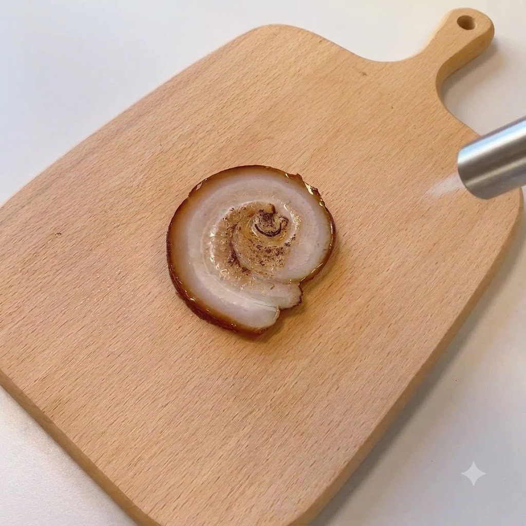 Ein Küchenbrenner wird verwendet, um die Oberfläche einer einzelnen Chashu-Schweinescheibe auf einem Holzbrett anzubrennen.