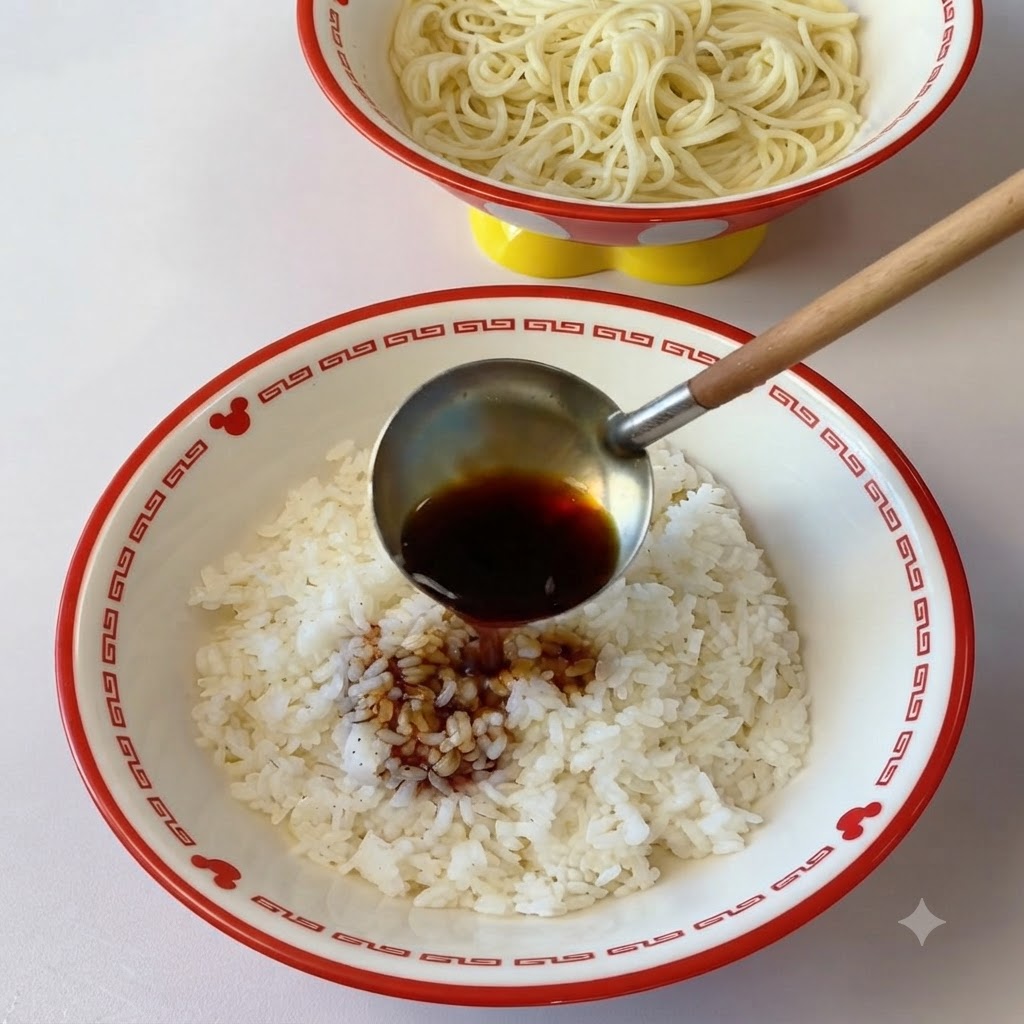 Eine Kelle gießt dunkle Würzsauce und Fleischbrühe über eine Schüssel gekochten weißen Reis.