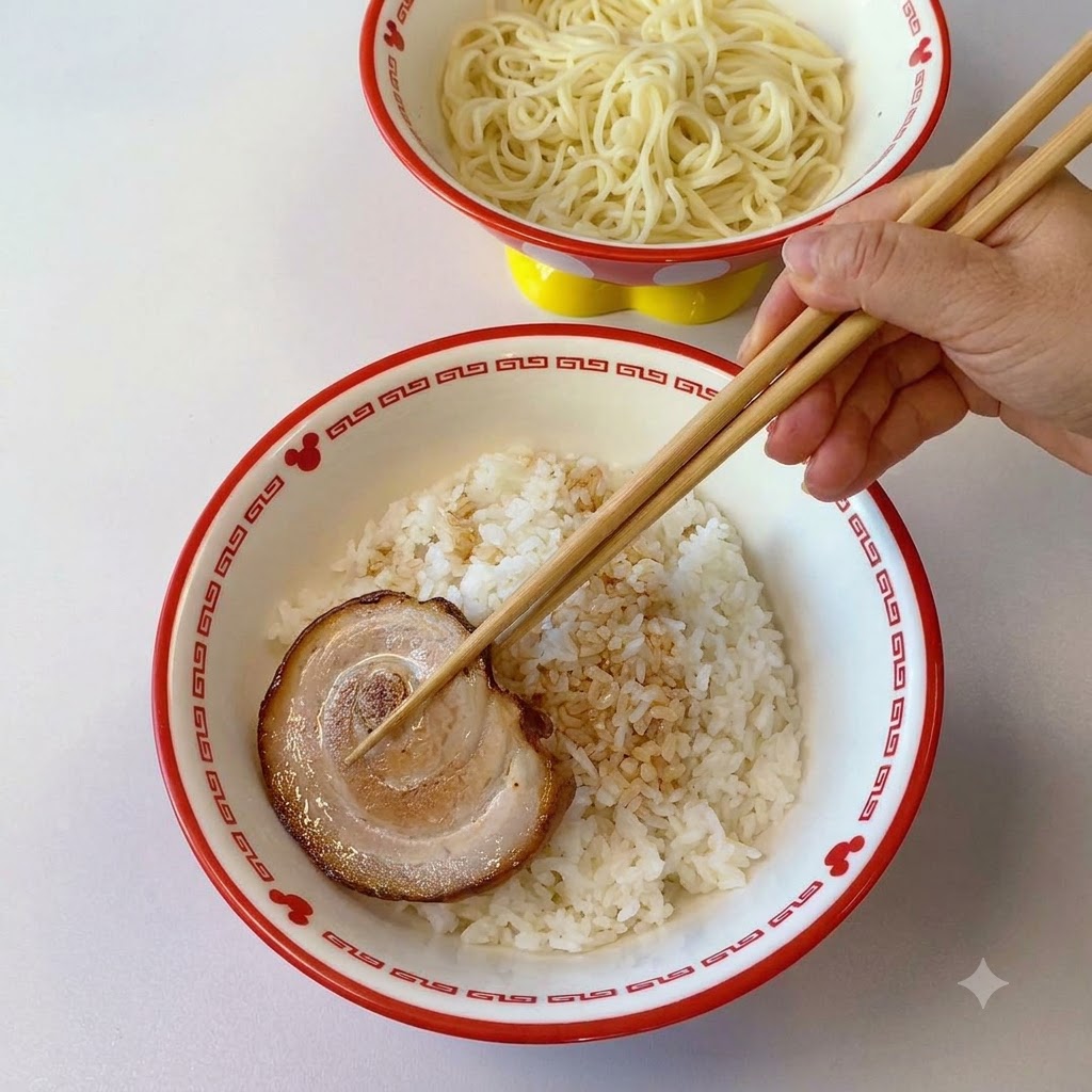 Essstäbchen legen eine Scheibe Chashu-Schweinefleisch auf die gewürzte Reisschüssel.