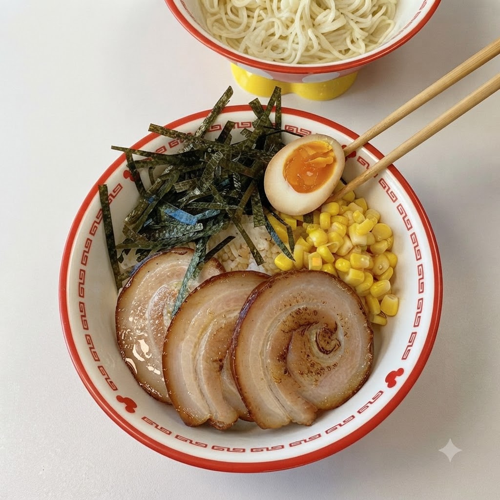 Essstäbchen legen vorsichtig ein halbiertes, weichgekochtes Ei mit einer leuchtend orangefarbenen, flüssigen Mitte auf eine vorbereitete Chashu-Reisschüssel.