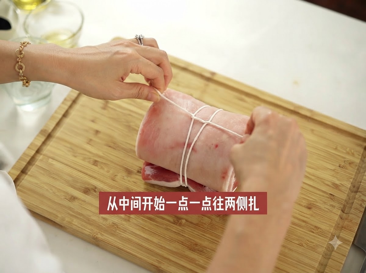 Eine zusammengerollte Schweinebauchrolle, die der Länge nach sicher mit weißem Küchengarn verschnürt wird.