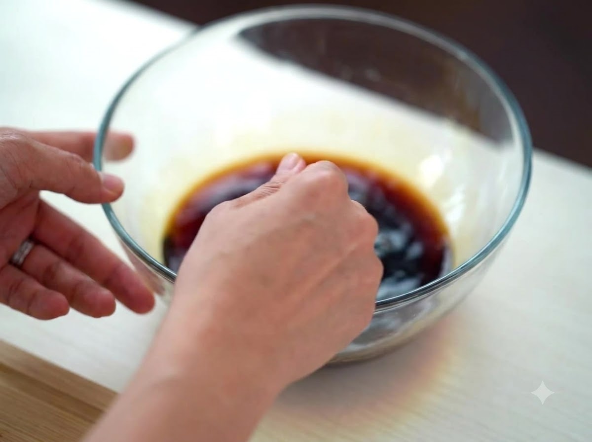 Eine Hand rührt eine dunkle, auf Sojasauce basierende Sauce in einer klaren Glasschüssel an.