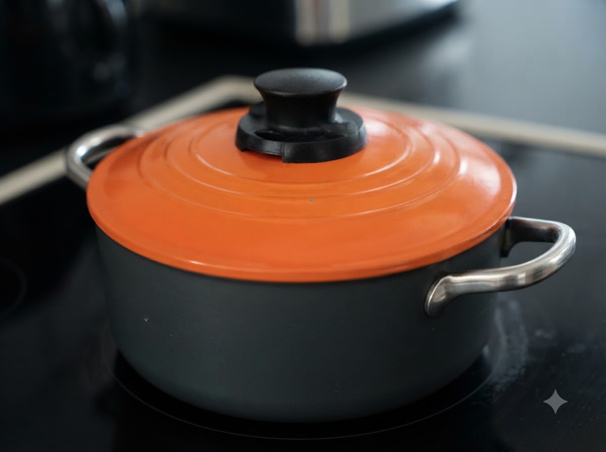 Ein orangefarbener Dutch Oven mit Deckel auf einem Herd oder einer Heizfläche.