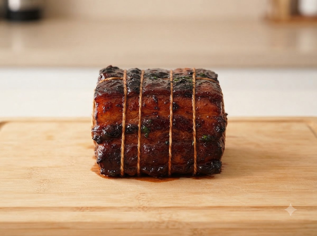 Ein scharfes Messer schneidet durch eine feste, gekühlte Chashu-Schweinerolle auf einem Holzschneidebrett und offenbart saubere Schichten aus Fleisch und Fett.