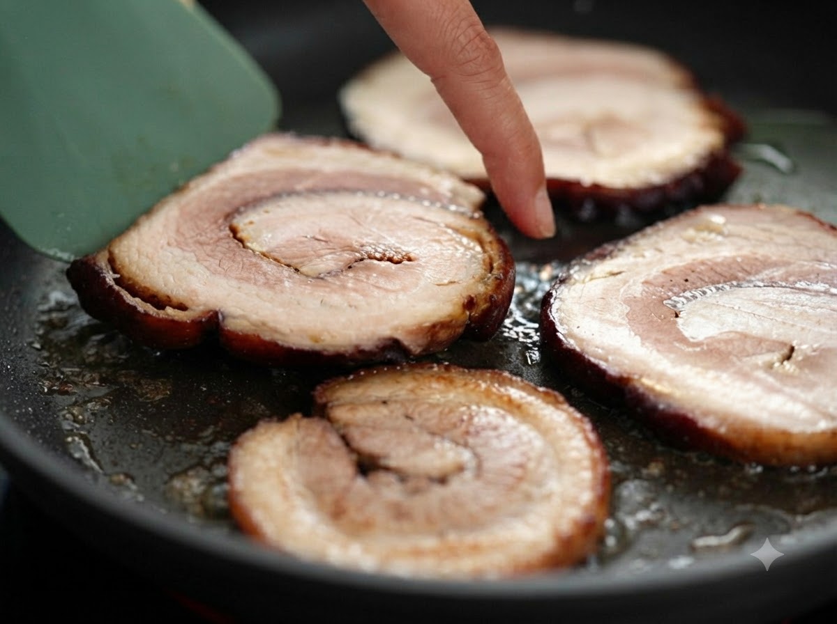 Dicke kreisrunde Scheiben aus Chashu-Schweinebauch brutzeln in einer Bratpfanne und werden mit dem Finger überprüft.