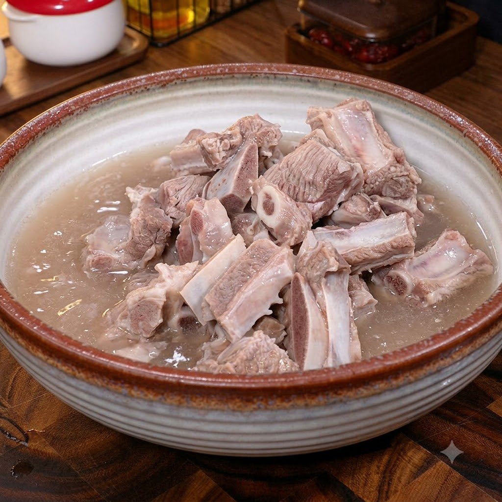 Rindersteakstücke werden in einer großen Keramikschüssel mit Wasser eingeweicht und abgespült.