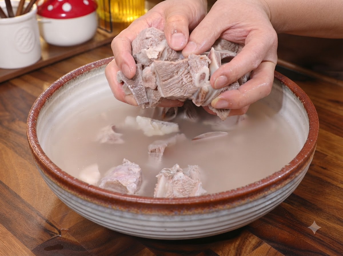 Hände geben blanchierte Steakstücke in eine Pfanne mit Ingwer, Frühlingszwiebeln und Gewürzen.