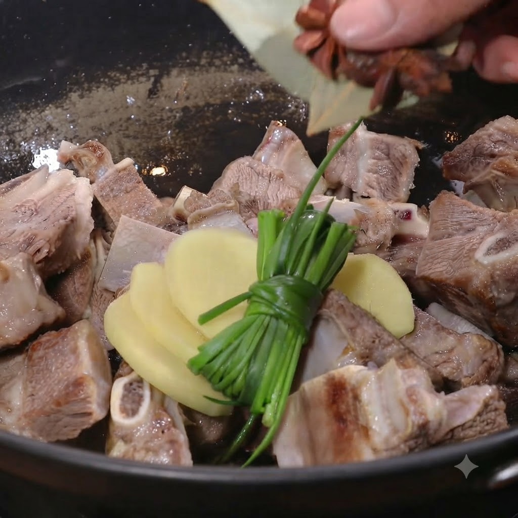 Ingwerscheiben, verknotete Frühlingszwiebeln und Sternanis werden in eine Pfanne mit Öl gegeben.
