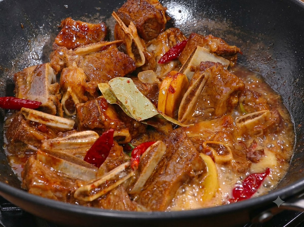Steakstücke werden mit Sojasoße und Gewürzen in einem Wok geschmort.