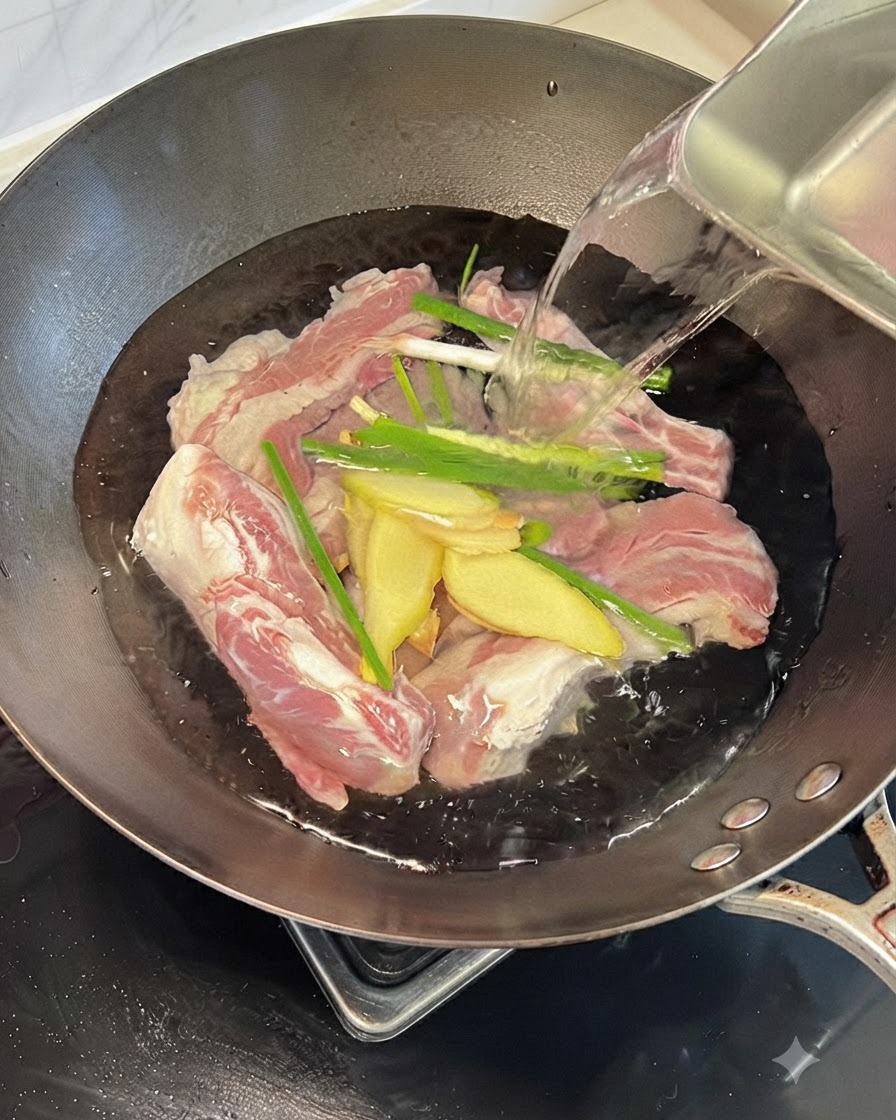 Rohe Rinderrippchen in einem Wok mit Wasser, Ingwerscheiben und Frühlingszwiebeln.