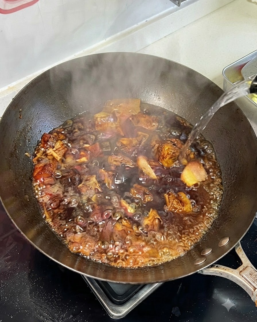 Heißes Wasser wird aus einem Gefäß in den blubbernden Wok mit Fleisch und dunkler Soße gegossen.