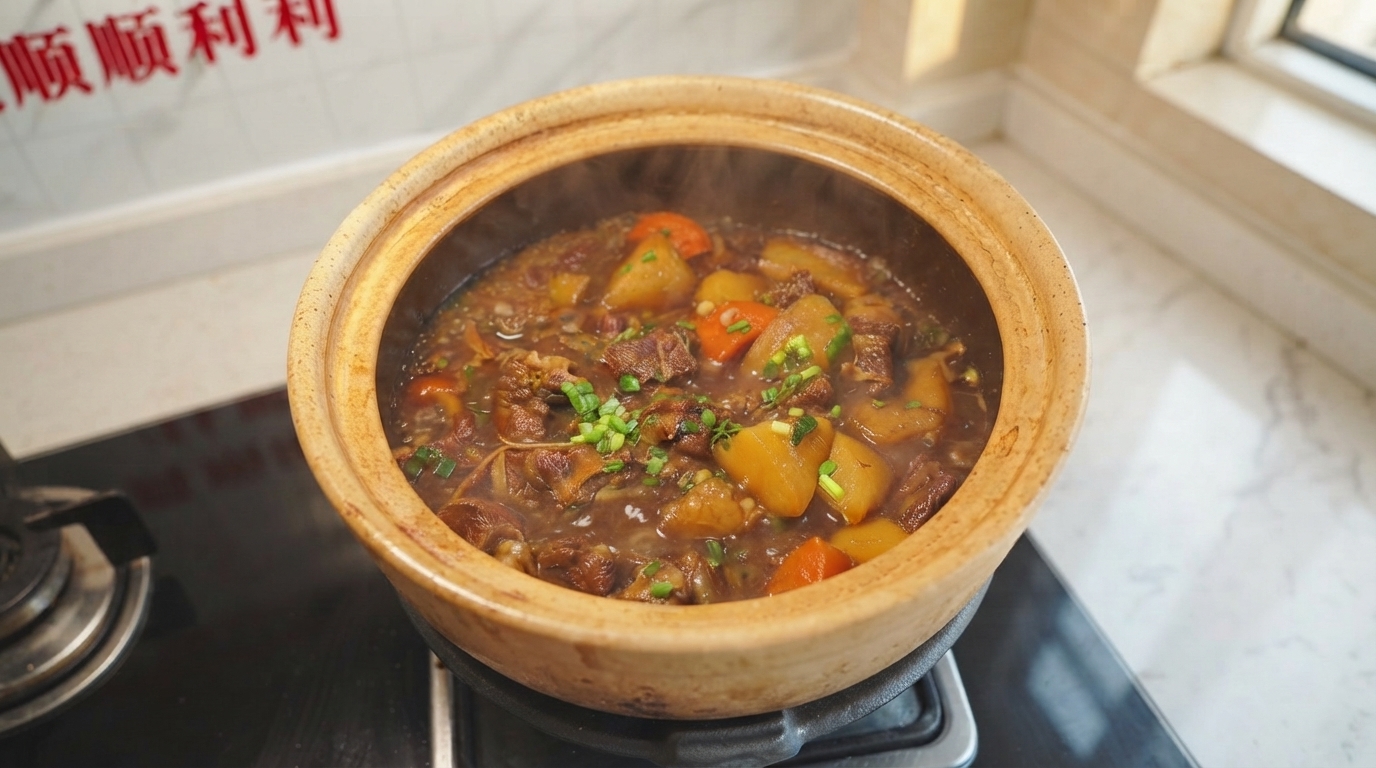 Chinesische Rinderrippchen in Rotwein-Soße mit Kartoffeln und Karotten