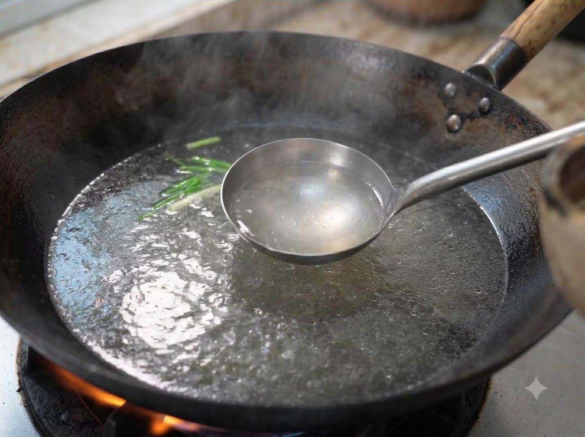 Eine Schöpfkelle schöpft kochendes Wasser in einem Wok ab, in dem Rinderrippen blanchiert werden.