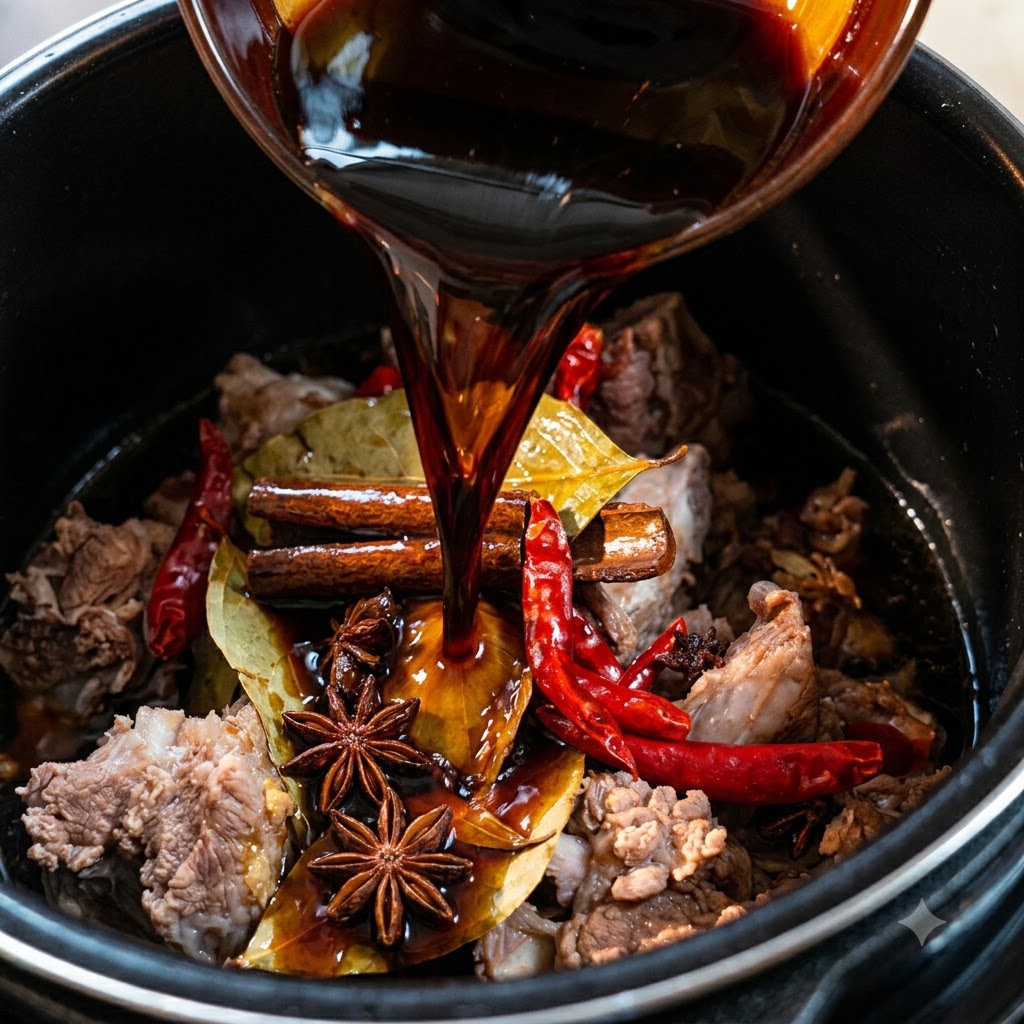 Eine dunkle Sauce wird aus einer Schüssel über Sternanis, Zimt, getrocknete Chilis und Rinderrippen in einem Schnellkochtopf gegossen.