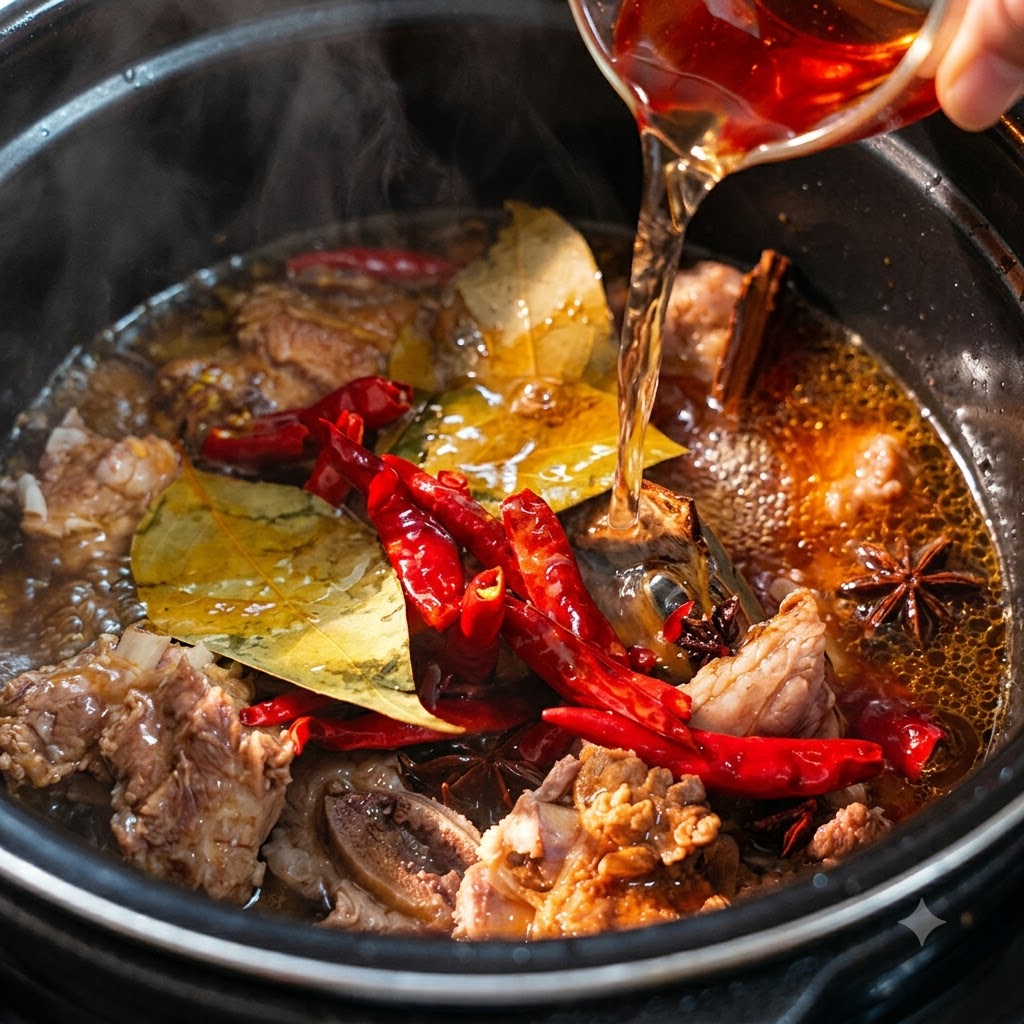 Flüssigkeit wird in den Schnellkochtopf gegossen, der Rinderrippen, Gewürze und getrocknete rote Chilis enthält.
