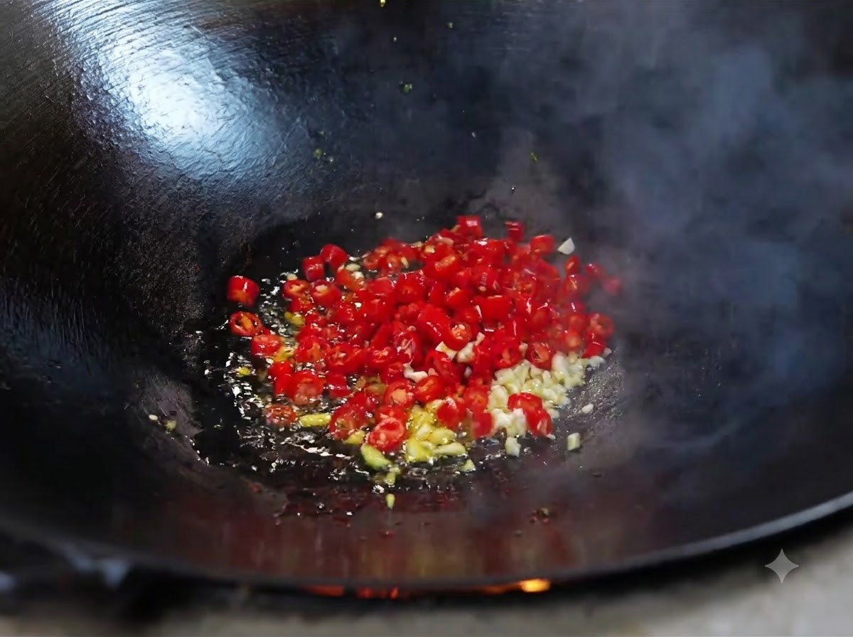 Gehackter Knoblauch und frische rote Chilis braten in heißem Öl in einem Wok.
