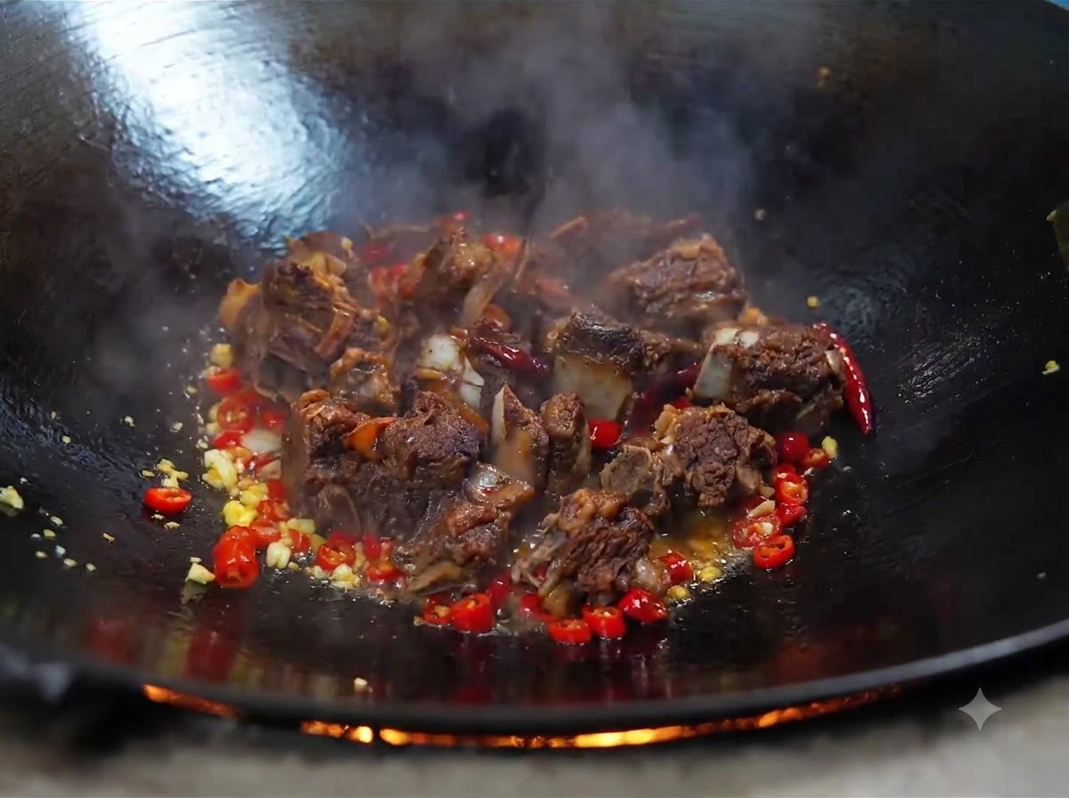 Gekochte Rinderrippen werden in einen Wok gegeben, der gebratenen Knoblauch und rote Chilis enthält.