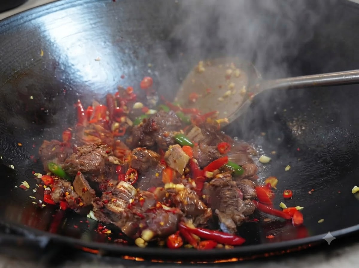 Rinderrippen werden mit Chilipulver und Gewürzen in einem Wok bei starker Hitze pfannengerührt.