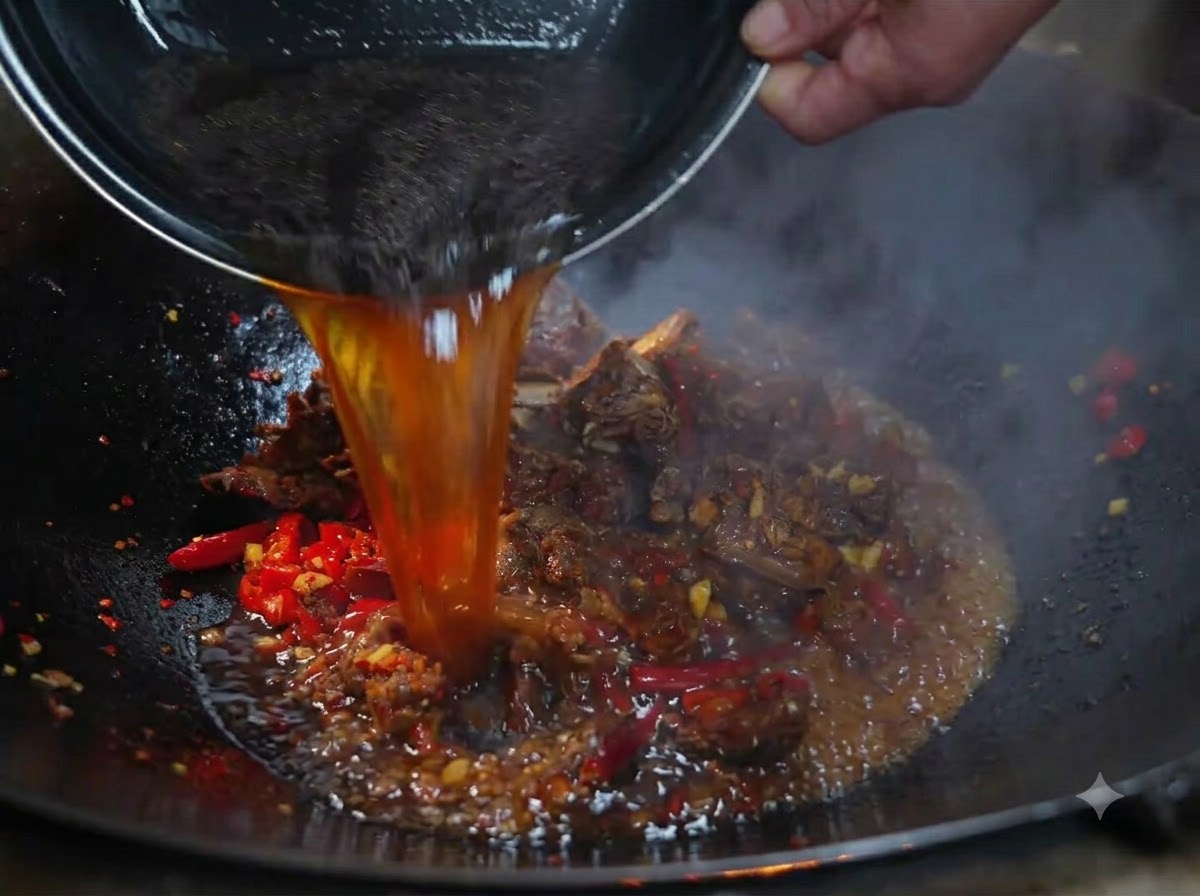 Dunkle Brühe wird aus einem Behälter in einen Wok mit gewürzten Rinderrippen gegossen.