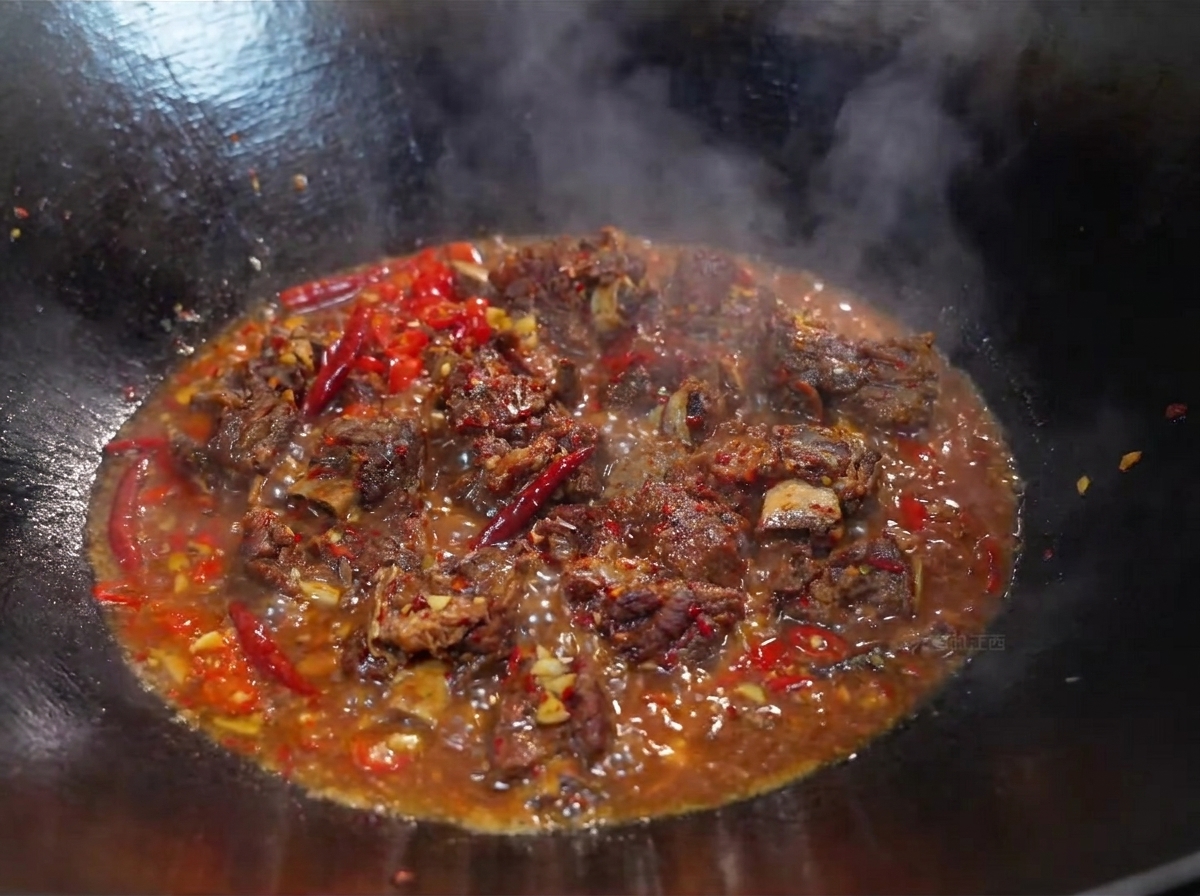 Frischer grüner Koriander und Gewürze werden unter die köchelnden scharfen Rinderrippen im Wok gemischt.