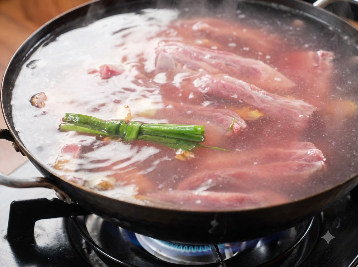 Rinderrippchen kochen in Wasser in einem Wok auf einer Gasflamme, während Dampf von der heißen Flüssigkeit aufsteigt.