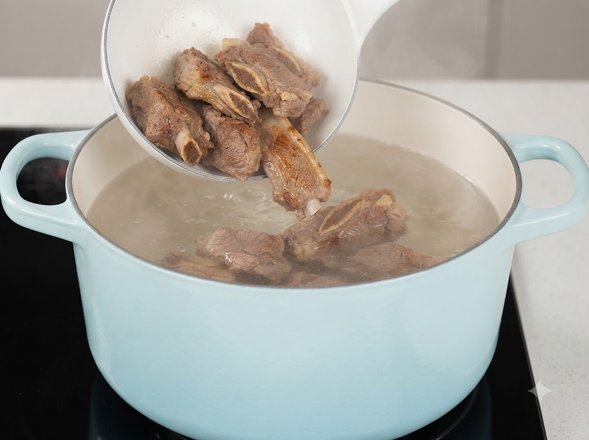 Eine Schöpfkelle überträgt gekochte Rinderrippchenstücke in einen hellblauen Topf mit kochendem Wasser.
