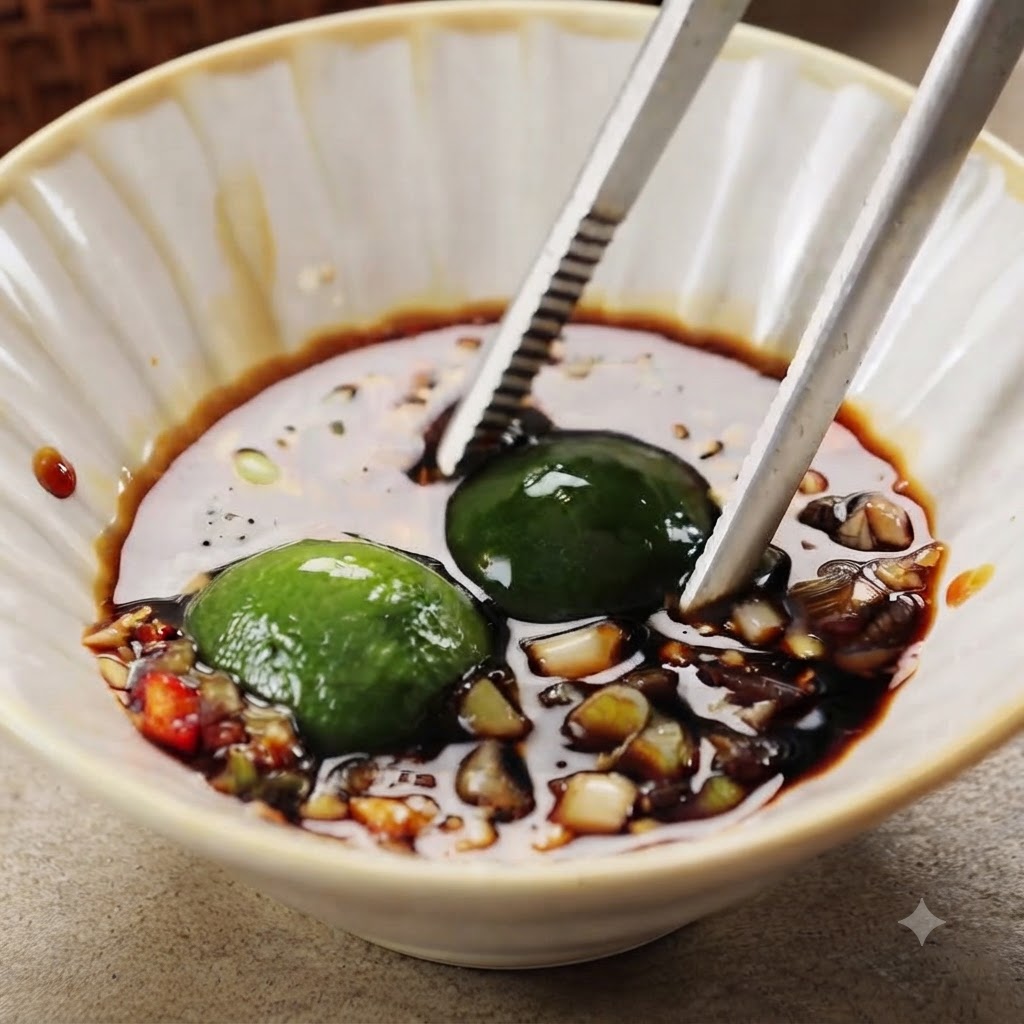 Eine Zange presst Calamansi-Limetten in einer Schüssel mit Zutaten für eine Dip-Sauce aus.