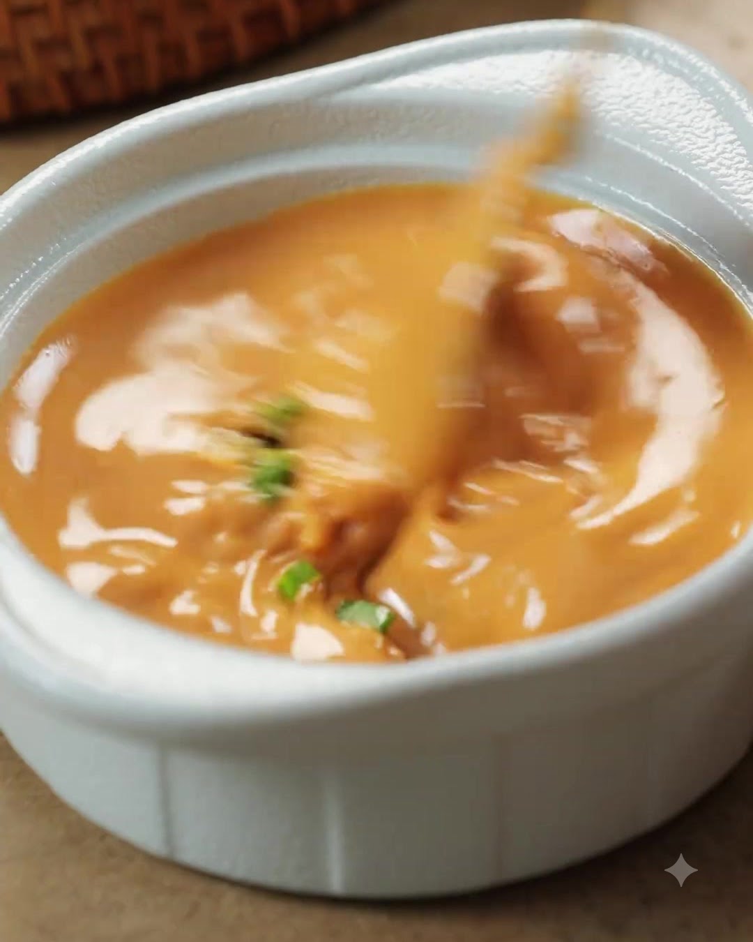 Ein Löffel verrührt eine dicke, orange-braune Sesampaste-Sauce in einer kleinen weißen Schüssel.