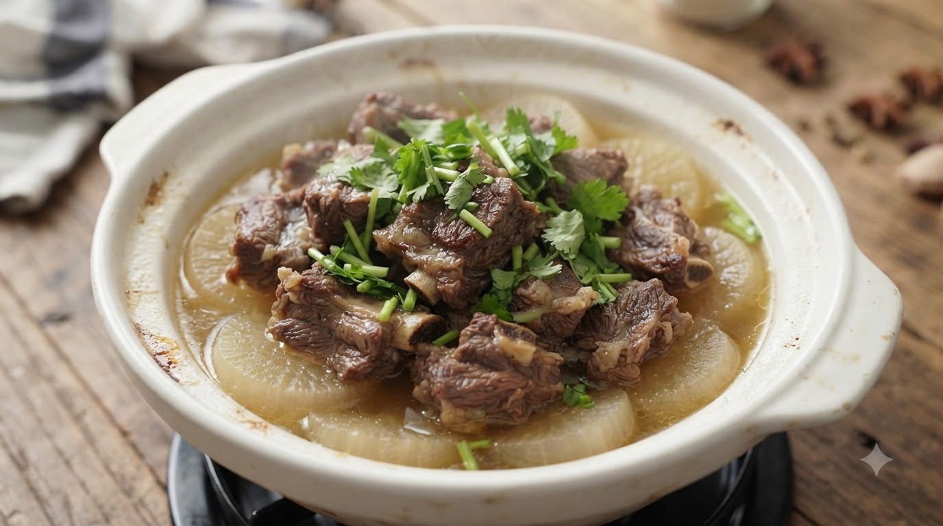 Klares Rinderrippchen-Ragout mit weißem Rettich