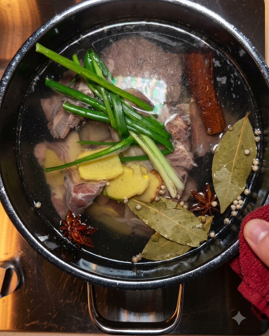 Gewürze und Aromen köcheln im Topf mit Rindfleisch.
