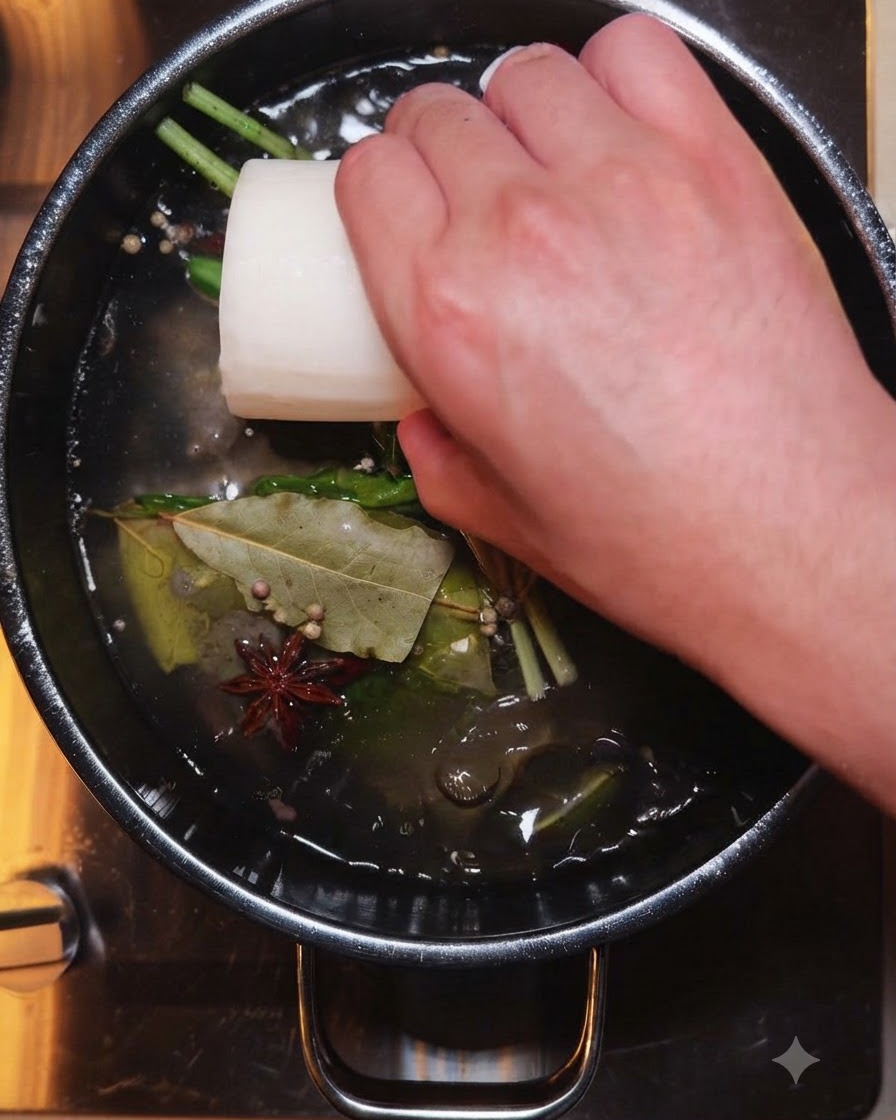 Ein ganzer weißer Rettich wird in einen großen dunklen Kochtopf voller Brühe und Gewürze gegeben.