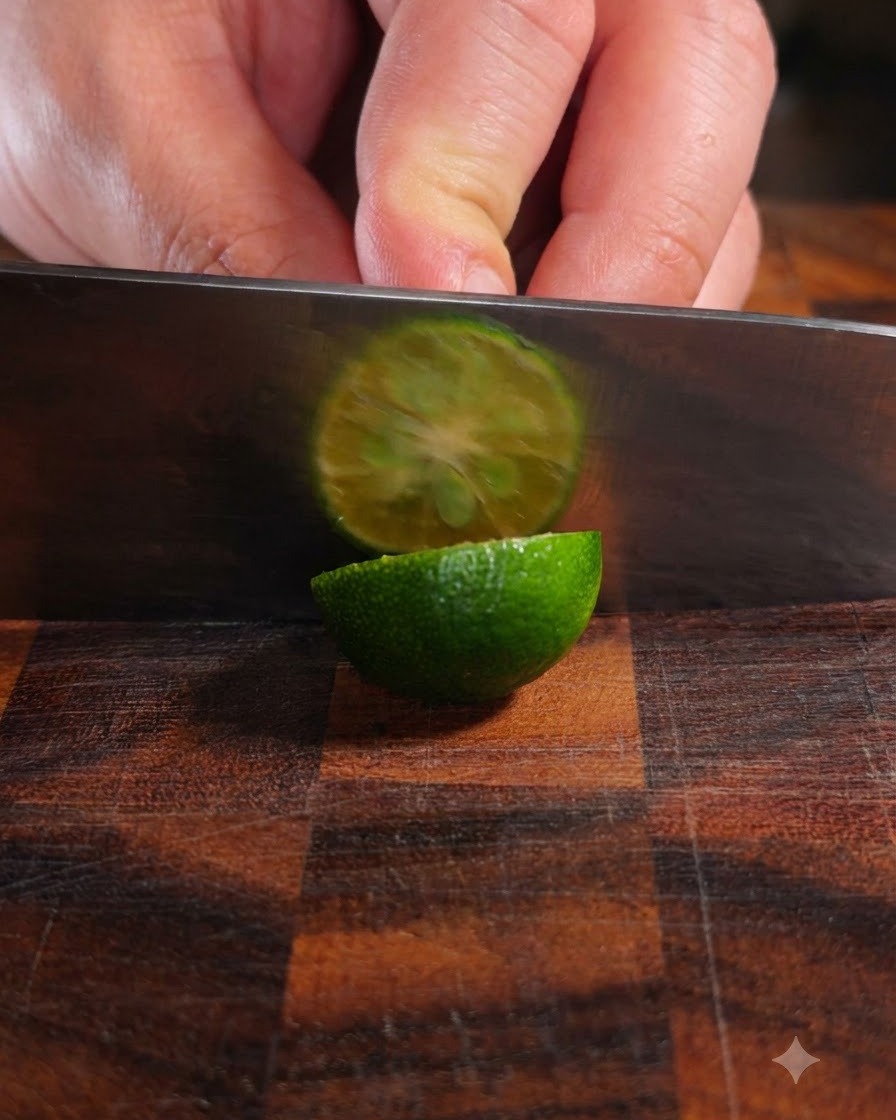 Ein scharfes Messer schneidet durch eine frische grüne Kumquat auf einem Holzschnippelbrett.