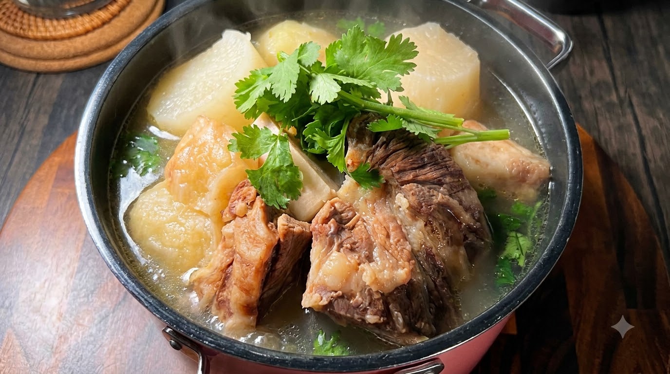 Klares Rinderrippchen-Ragout mit weißem Rettich
