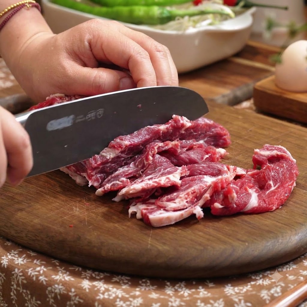 Rohes Rindfleisch wird mit einem scharfen Küchenmesser auf einem Holzbrett in dünne Scheiben geschnitten.