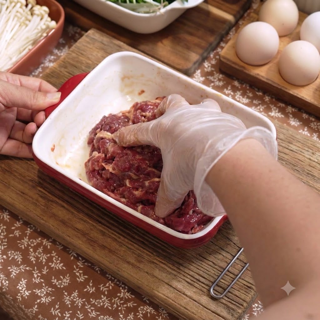Eine behandschuhte Hand mischt Gewürze und Öl unter das geschnittene Rindfleisch in einer roten, rechteckigen Auflaufform.
