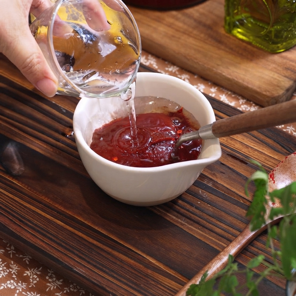 Wasser wird aus einem Glasgefäß in eine kleine weiße Schüssel mit koreanischer Chilipaste und Gewürzen gegossen.