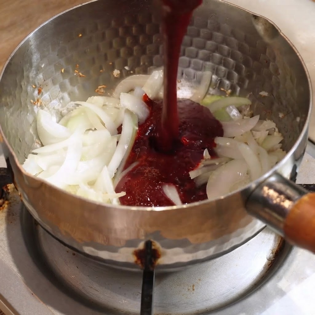 Rote Würzsoße wird in einen Metalltopf mit angebratenen Zwiebeln auf einer Herdplatte gegossen.