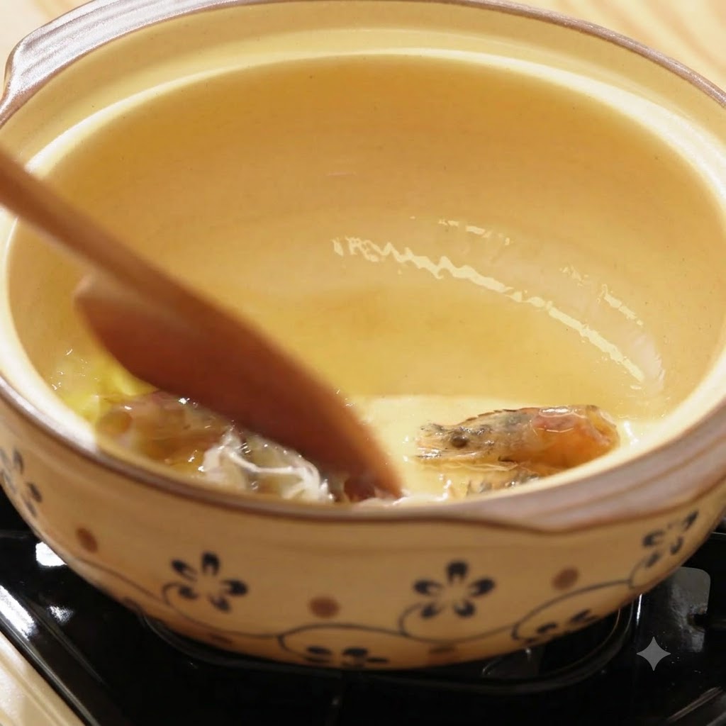 Garnelenköpfe und Ingwer werden in einem TonTopf angebraten, um orangefarbenes Garnelenöl freizusetzen.
