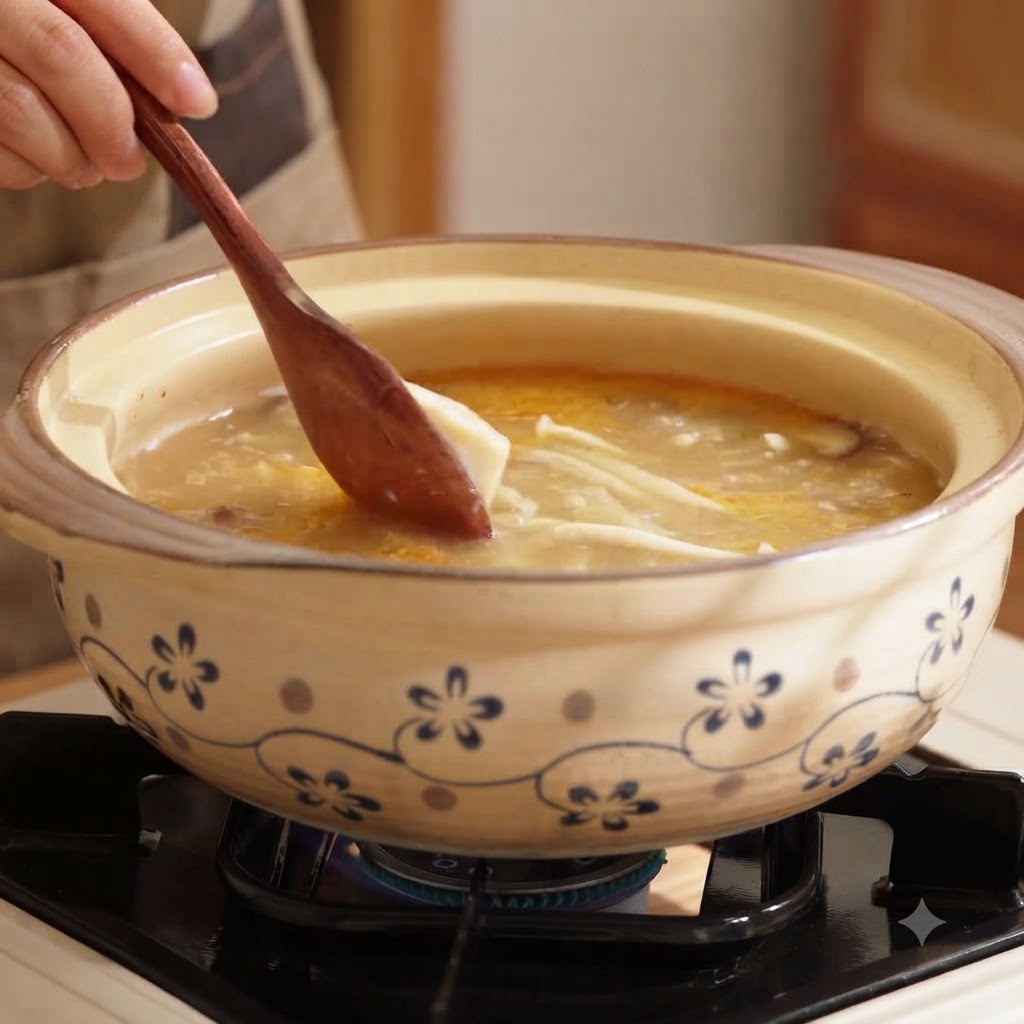 Ein Holzlöffel schöpft Seidentofu in einen köchelnden Topf mit Pilzsuppe.
